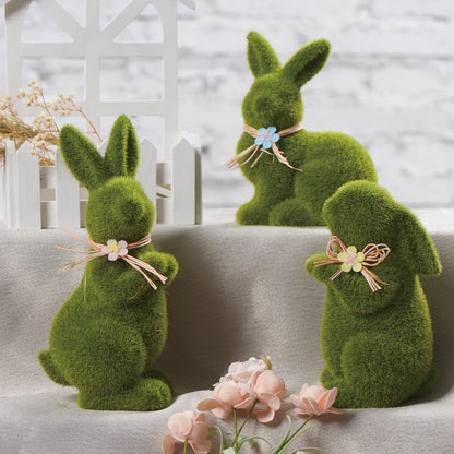 Wholesale Easter Green Decoration Bunny Home Holiday Spring Ornament Plush Flocking Ceramic Rabbit